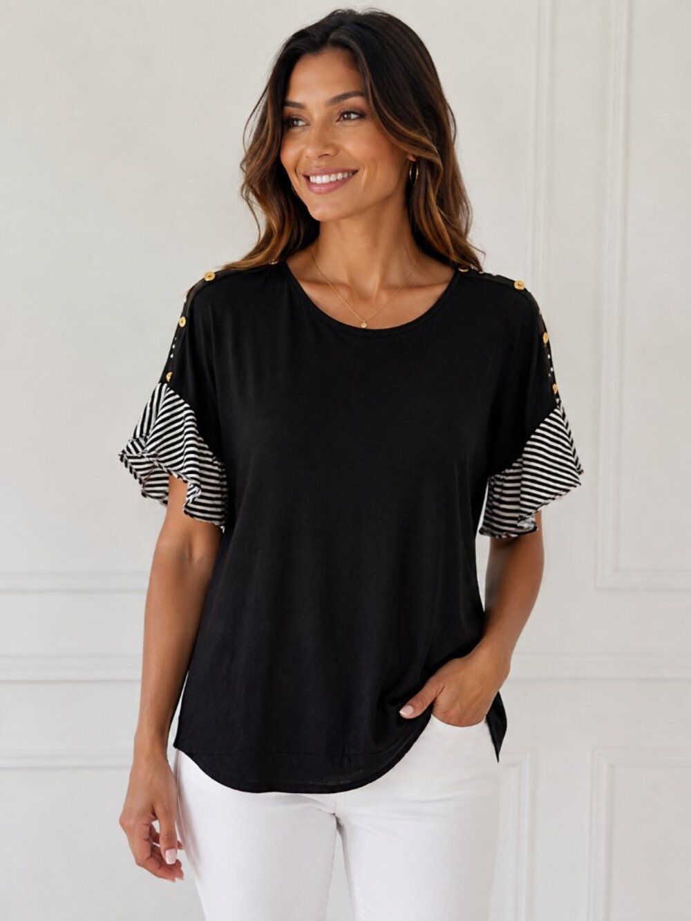 Black Mixed Print Blouse Ruffle Sleeve Gold Button Detail Casual Size S